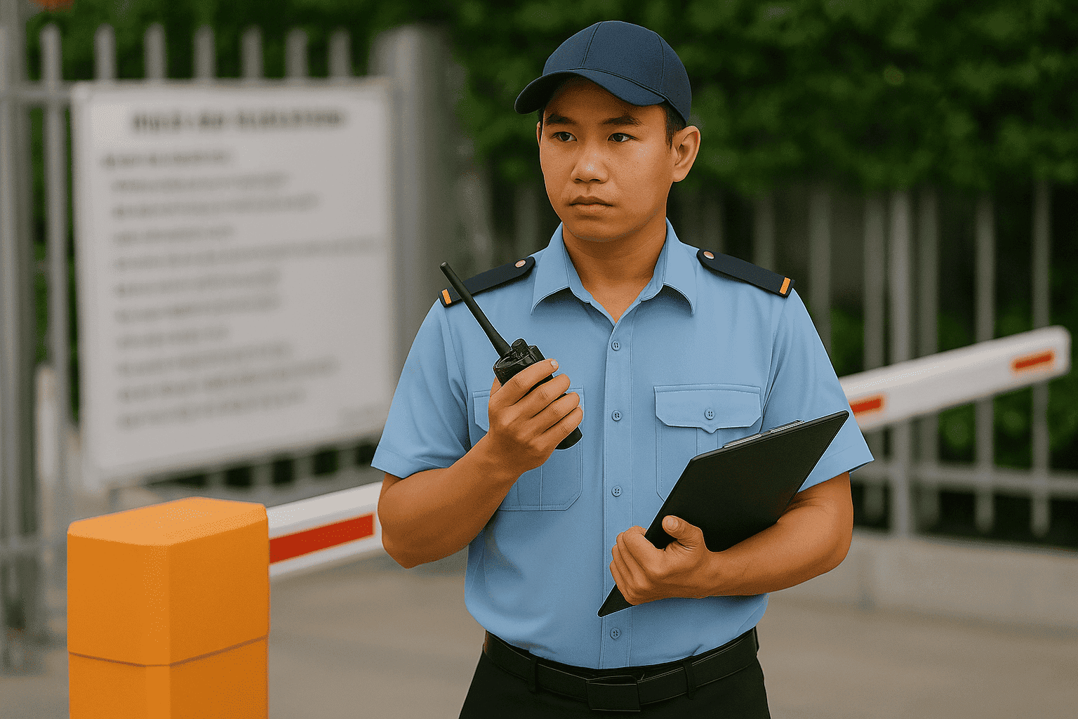 Nhân viên bảo vệ TPHCM trực gác tại cổng khu thương mại, tay cầm bộ đàm và sổ ghi chép
