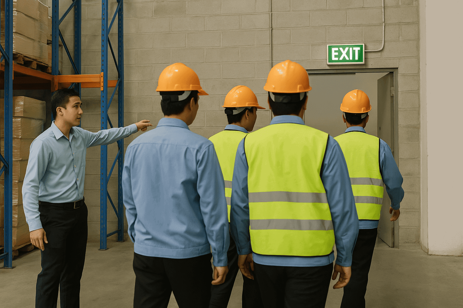 Công nhân diễn tập thoát hiểm an toàn trong PCCC kho hàng