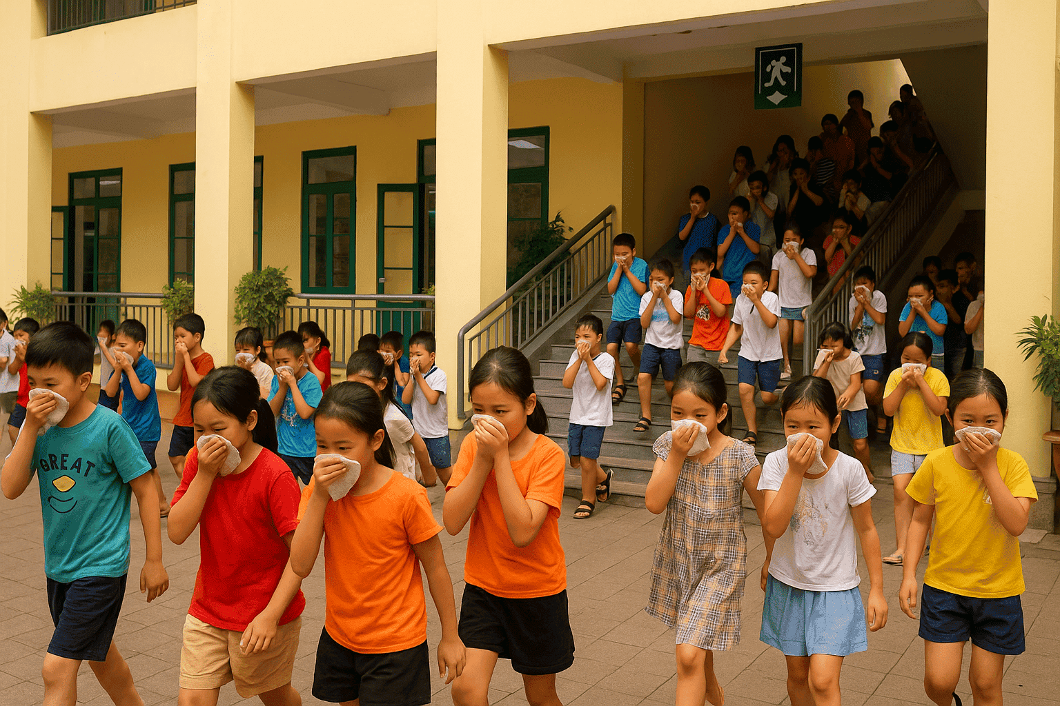Học sinh luyện tập kỹ năng phòng cháy chữa cháy cho trẻ tại trường học