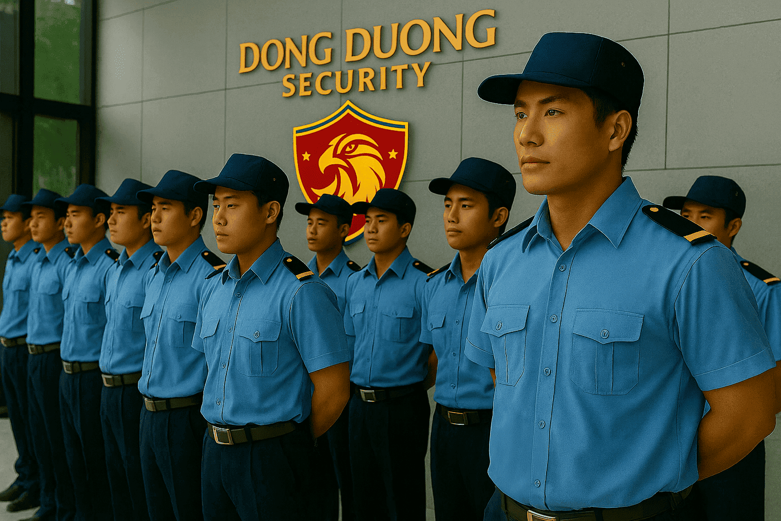 Dàn nhân viên công ty bảo vệ TPHCM xếp hàng ngay ngắn trong sảnh tòa nhà hiện đại