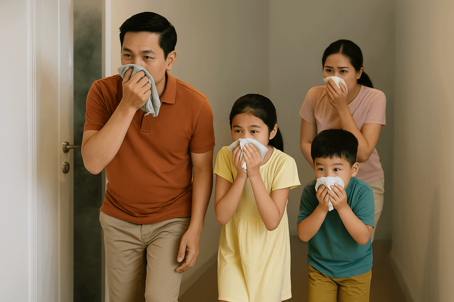 Gia đình thực hành thoát hiểm tại nhà