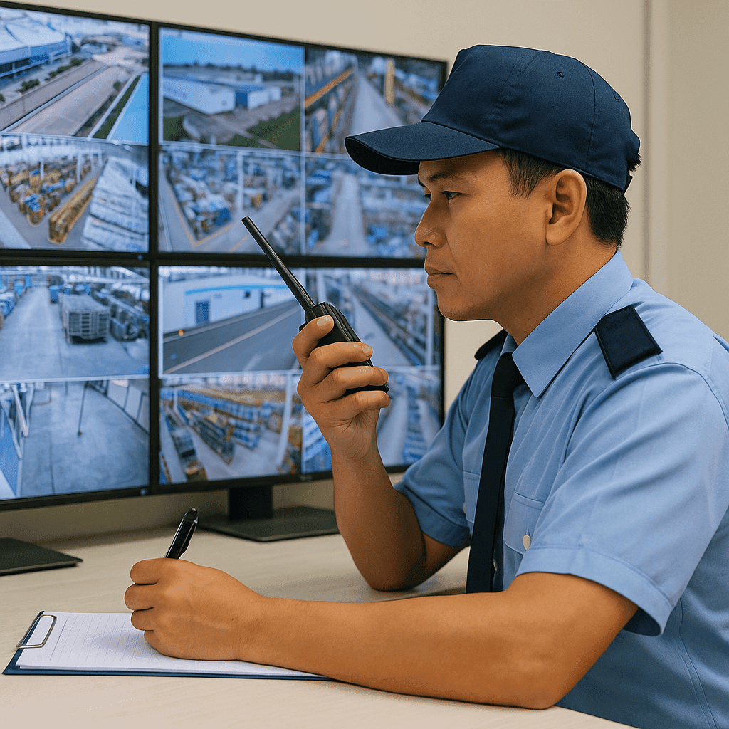 Nhân viên bảo vệ Đông Dương theo dõi hệ thống màn hình camera HD trong phòng giám sát, tay cầm bộ đàm và ghi chú báo cáo