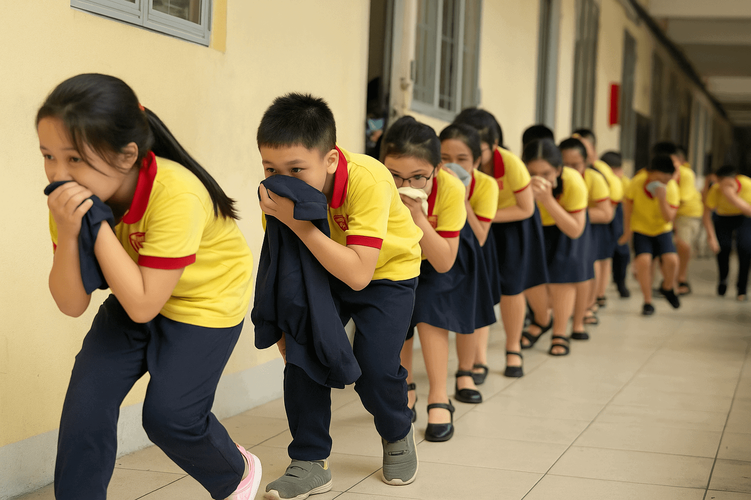 Học sinh tham gia diễn tập phòng cháy chữa cháy