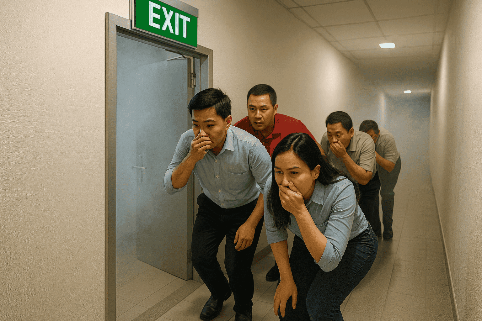Diễn tập thoát hiểm trong buổi tập huấn phòng cháy chữa cháy