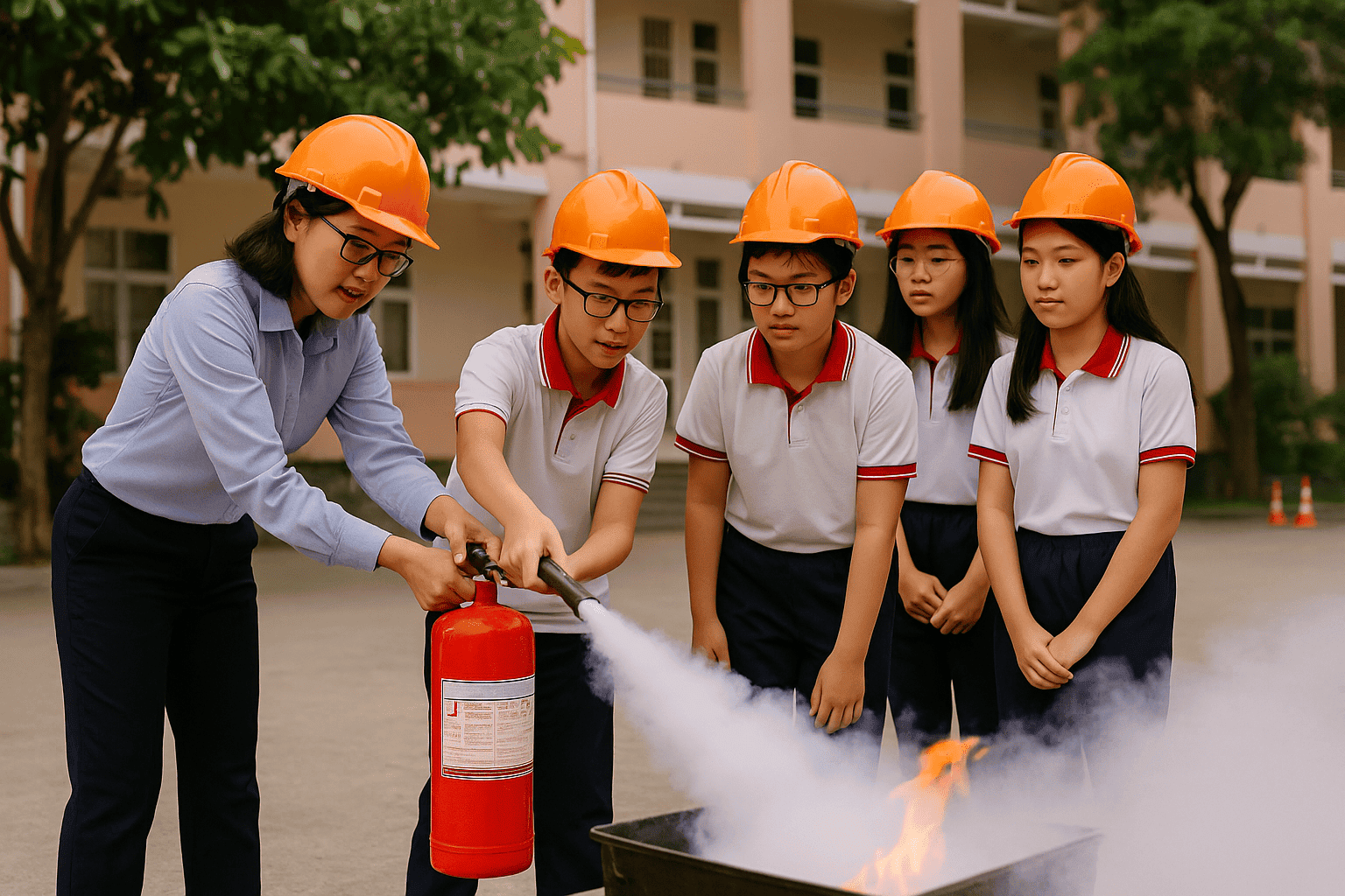Thực hành sử dụng bình chữa cháy trong PCCC trường học