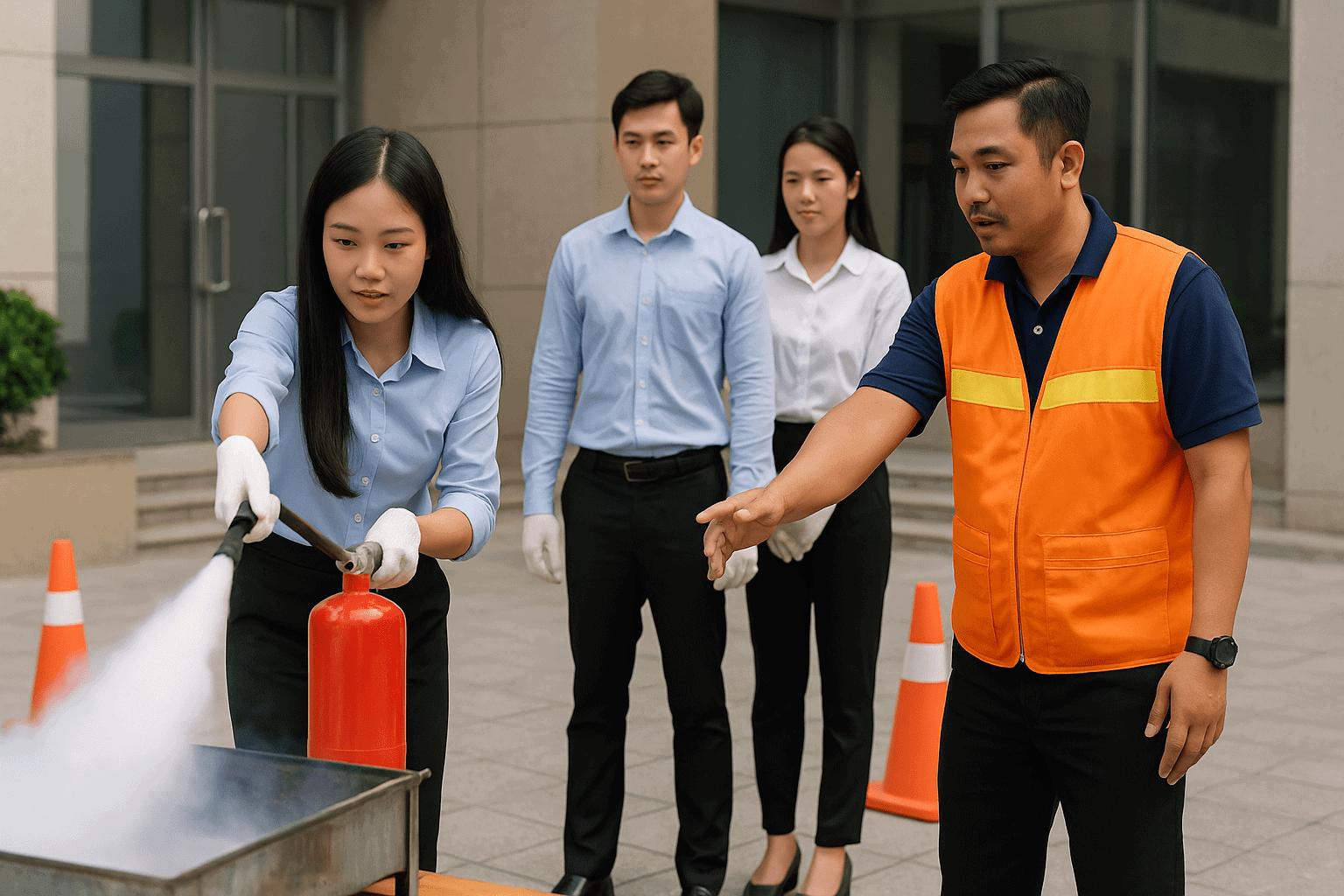Nhân viên thực hành bình chữa cháy phòng cháy chữa cháy