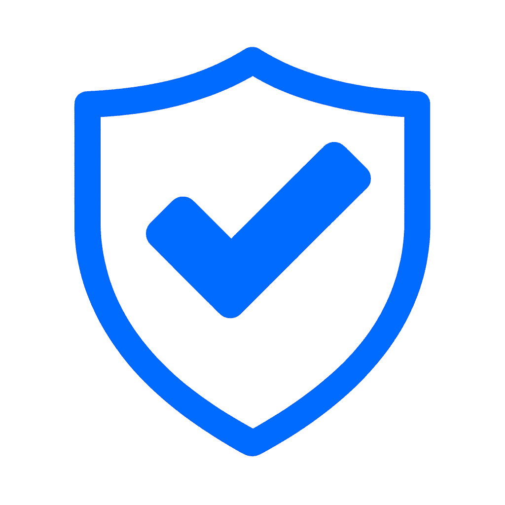 Icon chiếc khiên xanh #006AFF có dấu check, nền trong suốt, tượng trưng an ninh toàn diện trong dịch vụ bảo vệ TPHCM