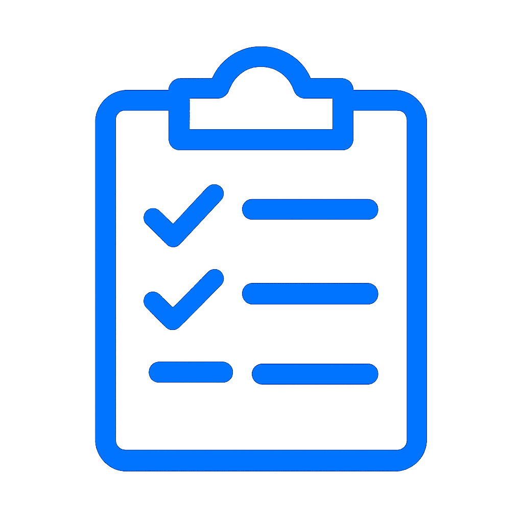 Icon clipboard màu xanh #006AFF với dấu check, nền trong suốt, tượng trưng cho quy trình làm việc bài bản của công ty bảo vệ TPHCM