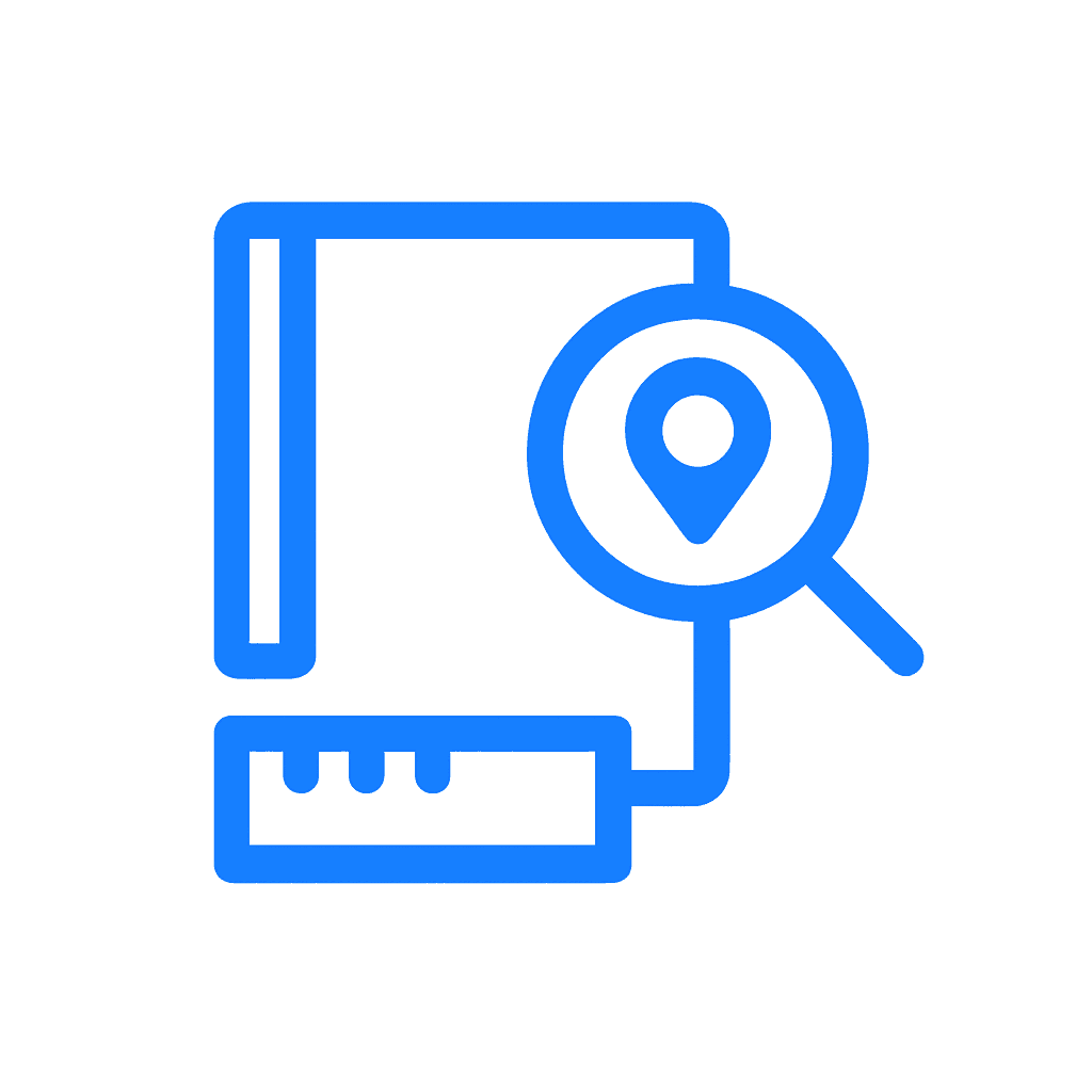 Icon khảo sát thực tế với bản đồ, kính lúp và thước đo màu xanh #006AFF