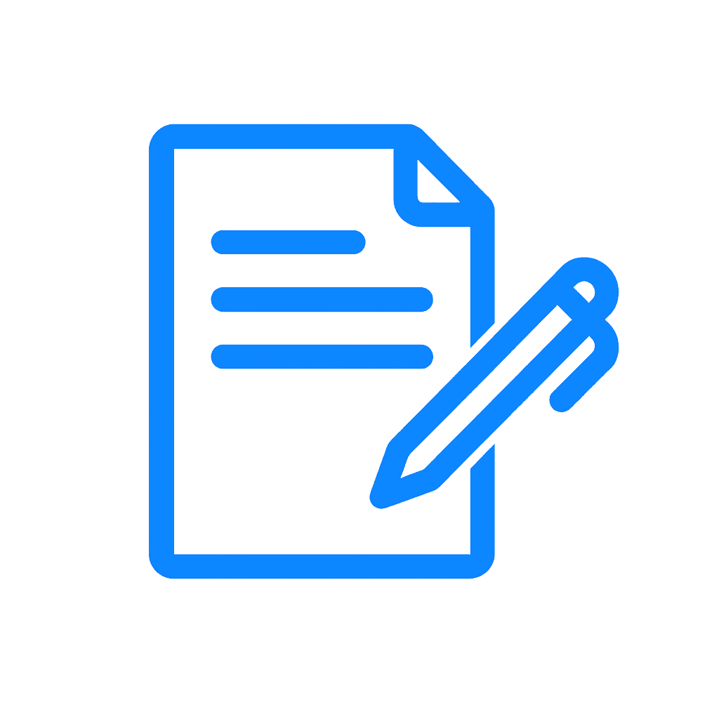 Icon hợp đồng và bút ký màu xanh #006AFF