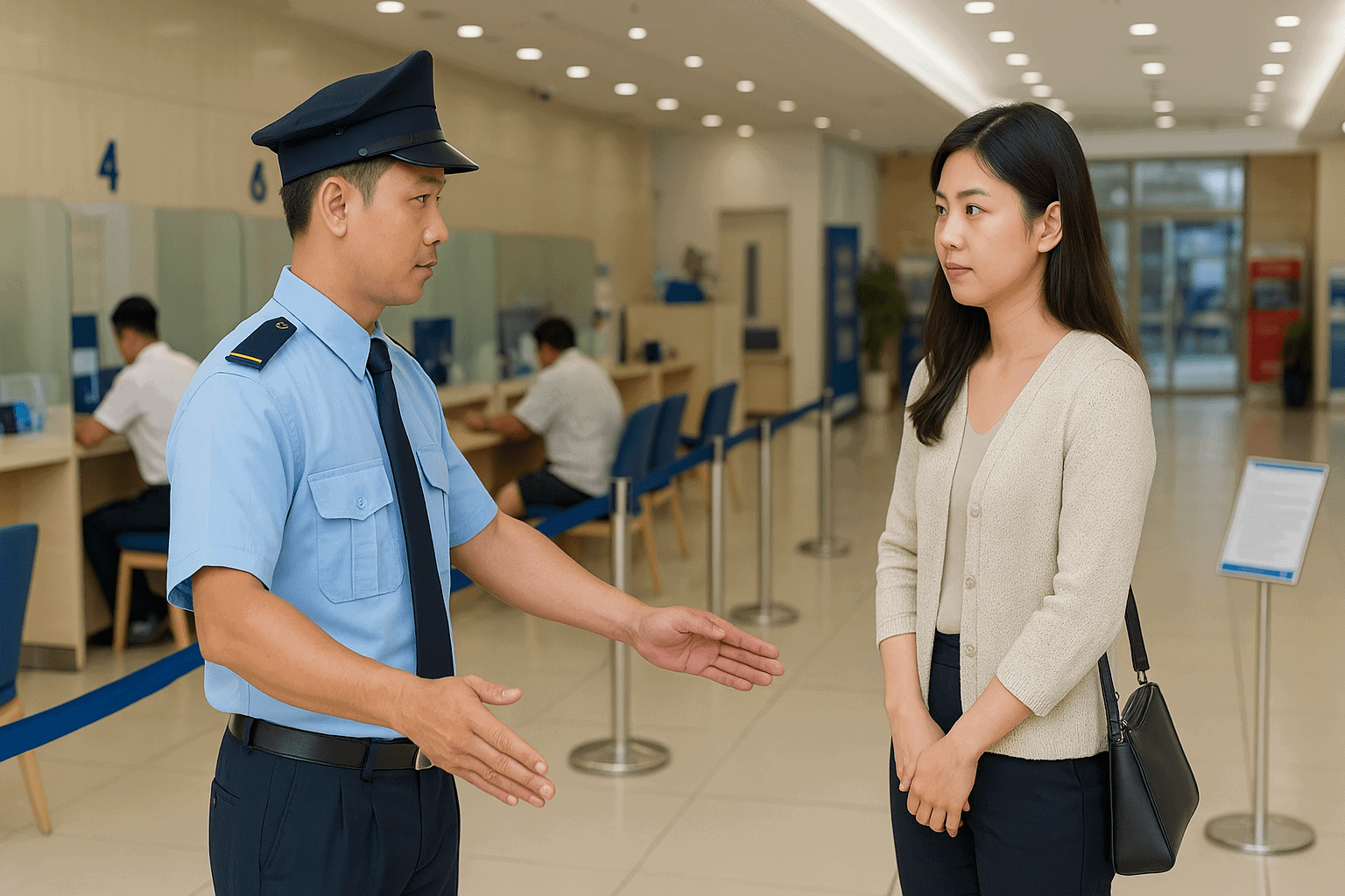 Nhân viên bảo vệ trực sảnh thực hiện kiểm soát ra vào ngân hàng