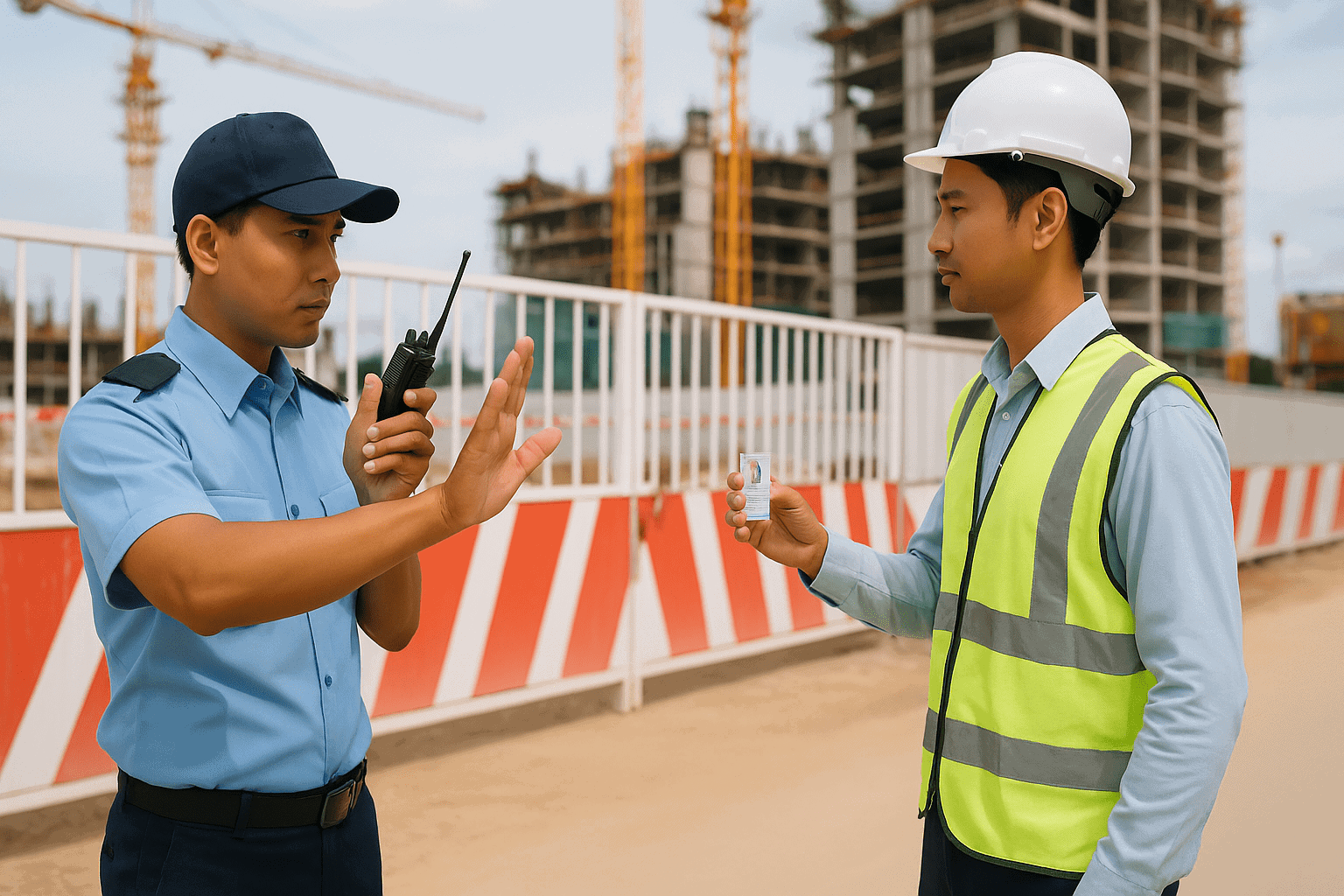 Bảo vệ công trường xây dựng kiểm soát cổng ra vào ban ngày, đảm bảo an toàn lao động