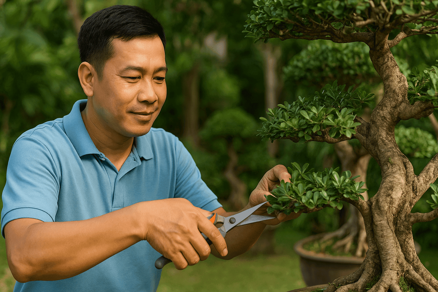 Nhân viên tỉa bonsai tập trung tìm việc giữ vườn