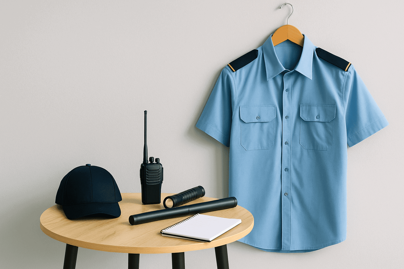 Bàn nhỏ có bộ đàm gậy cao su đèn pin và sổ tay minh họa công cụ trong luật dịch vụ bảo vệ