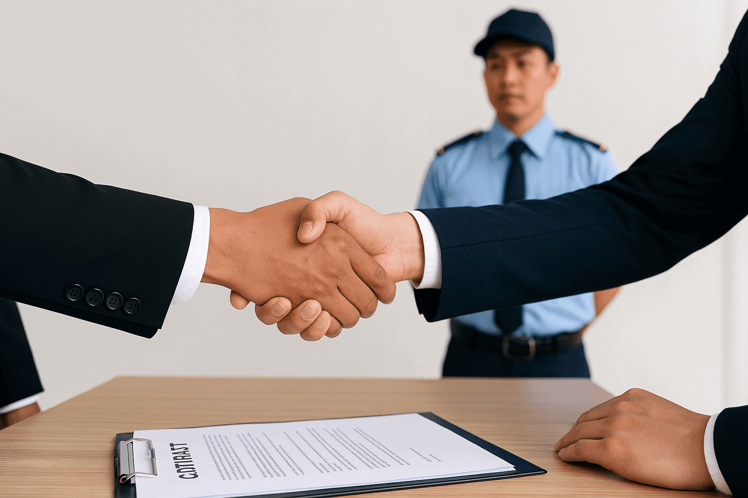 Hai doanh nhân bắt tay trên bàn có hợp đồng minh họa cho luật dịch vụ bảo vệ tại Việt Nam