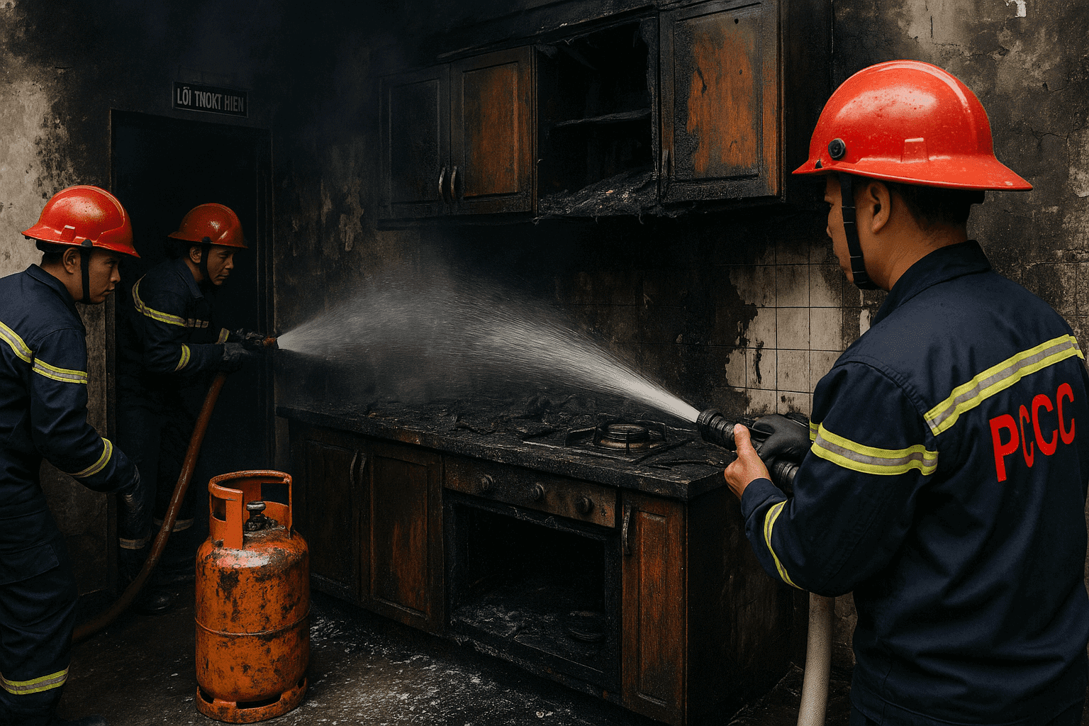 Hiện trường bếp cháy đen sau nổ bình gas có cứu hỏa