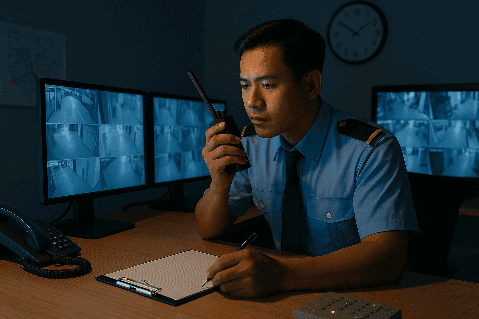 Nhân viên bảo vệ Việt Nam trực ca đêm 24/7, tay cầm bộ đàm và ghi chú tình huống, minh họa dịch vụ khẩn cấp của công ty bảo vệ TPHCM
