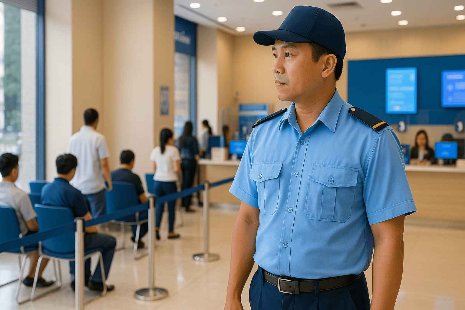 Nhân viên trực sảnh trong nghiệp vụ tuần tra an ninh ngân hàng