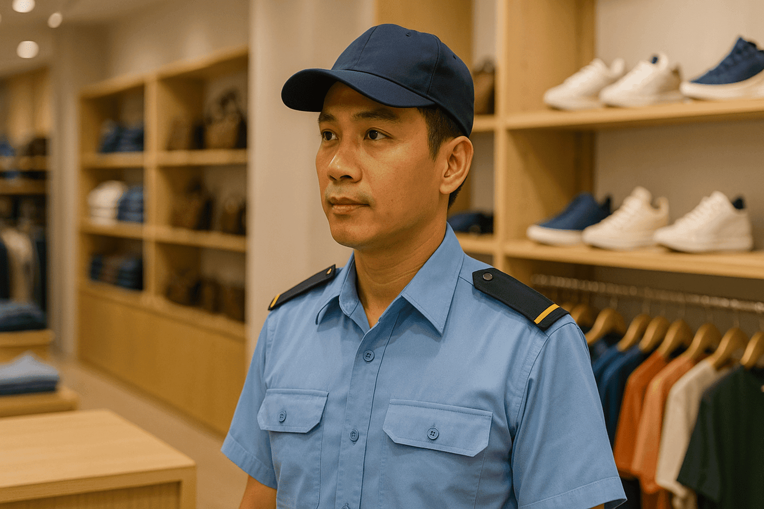 Nhân viên bảo vệ cửa hàng minh họa lương bảo vệ 8 tiếng