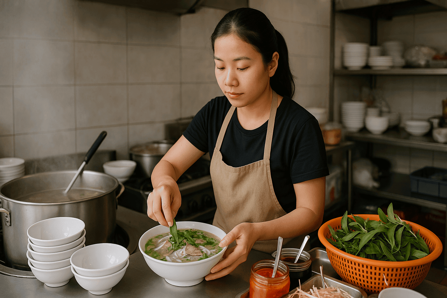 Nhân viên quán phở chuẩn bị tô phở việc làm bao ăn ở Bình Dương
