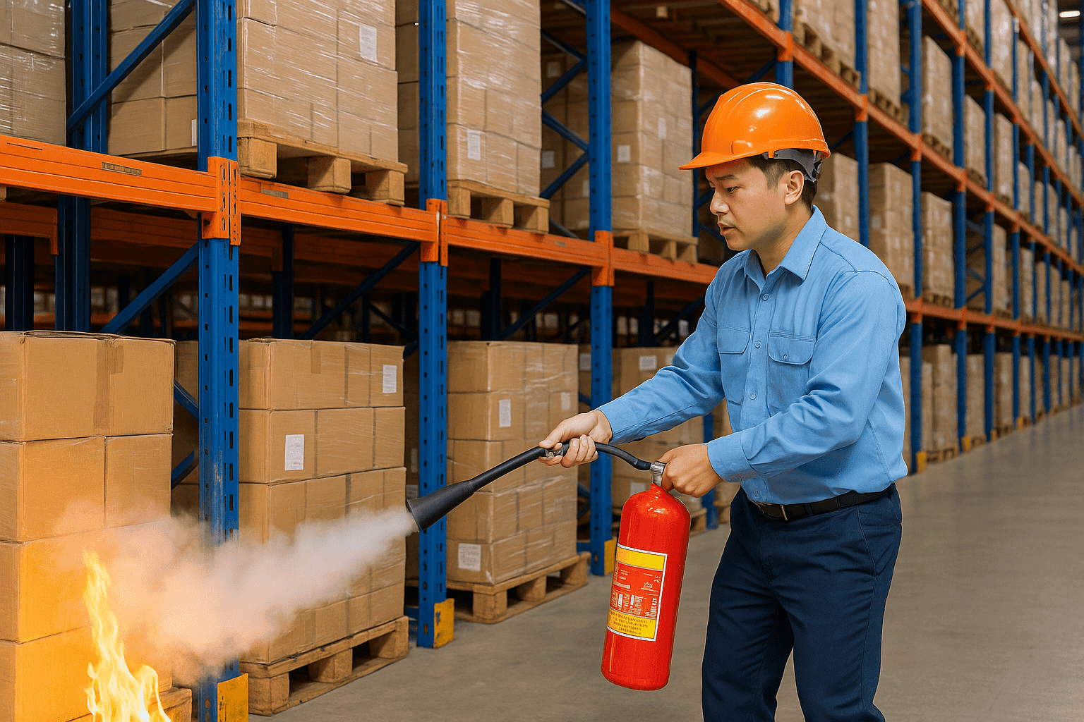 Nhân viên dùng bình CO2 xử lý sự cố PCCC kho hàng
