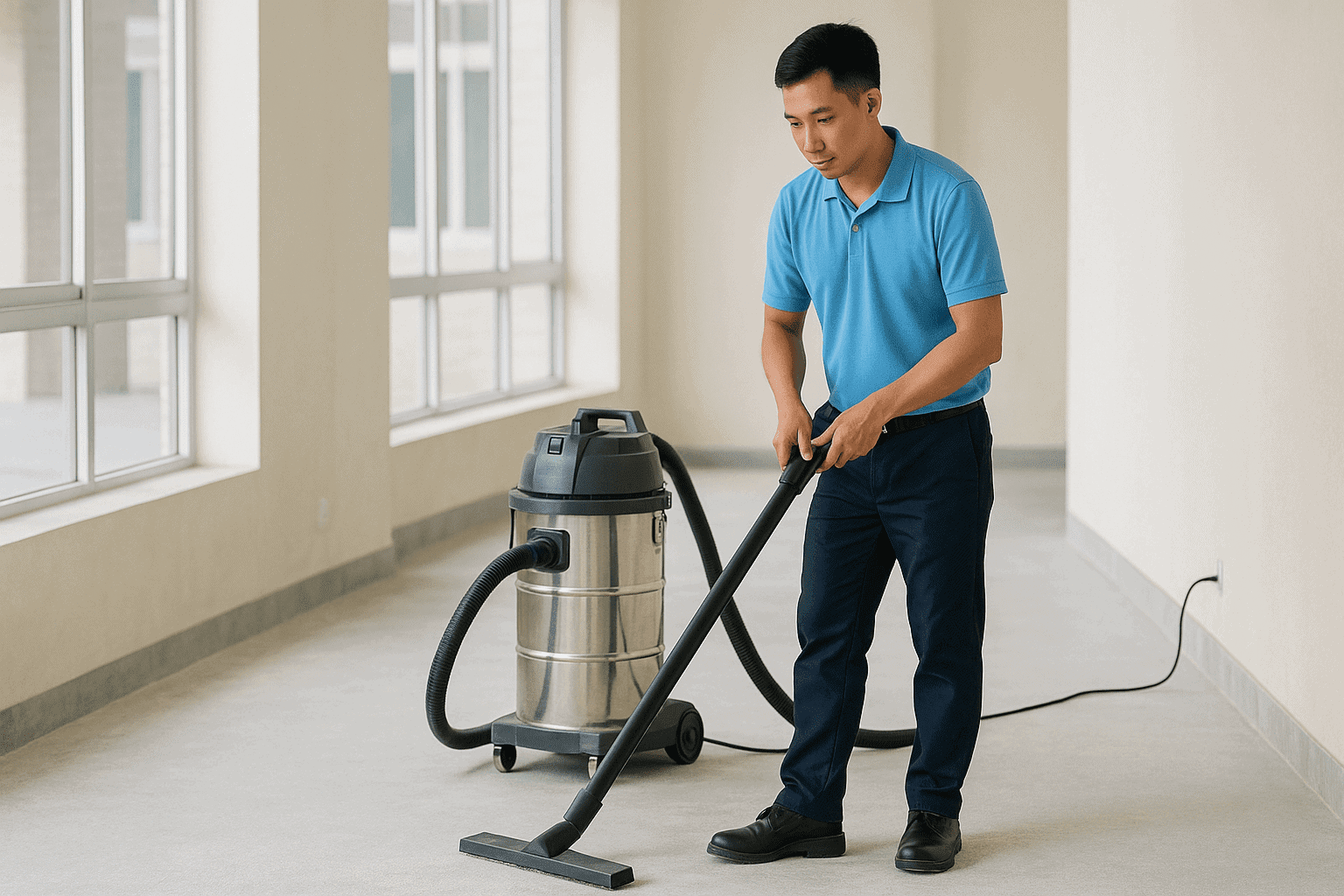 Vệ sinh công nghiệp Hà Nội hút bụi sàn sau xây dựng