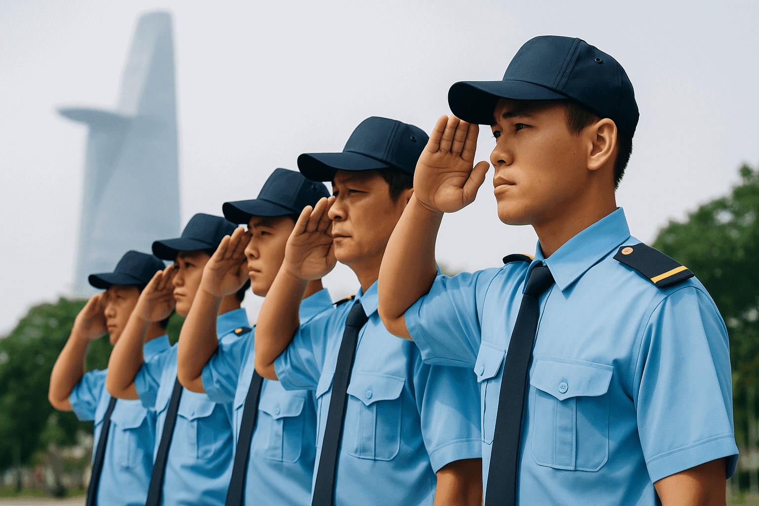 Nhóm bảo vệ Đông Dương chào cờ tại TPHCM, phía sau là biểu tượng Bitexco