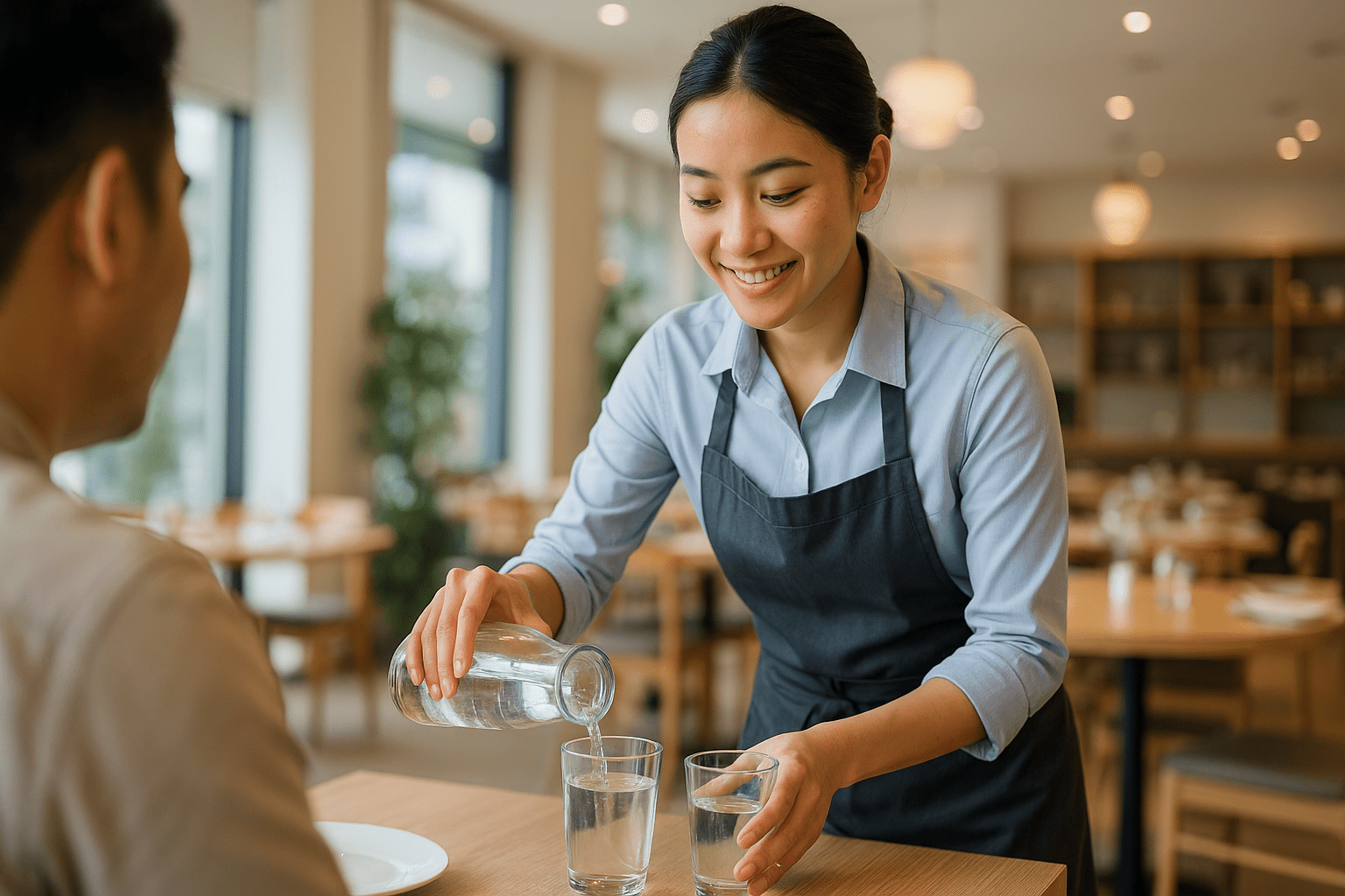 Nữ nhân viên rót nước cho khách nhà hàng Vĩnh Long