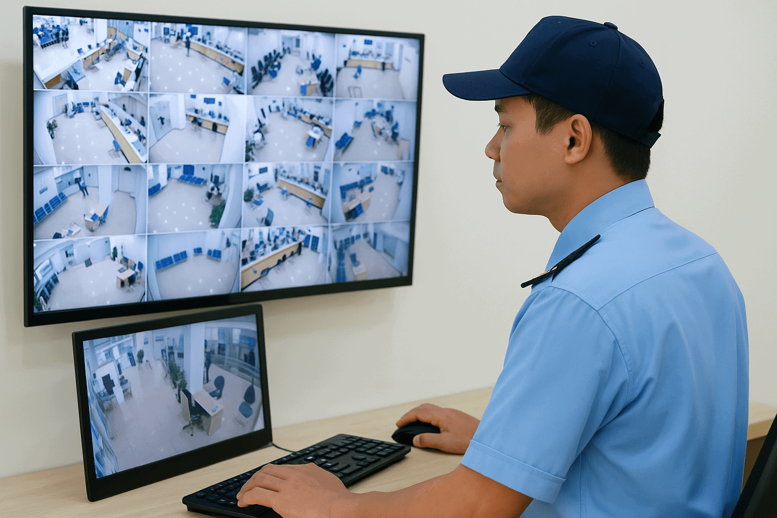 Nhân viên giám sát camera trong quy trình bảo vệ ngân hàng
