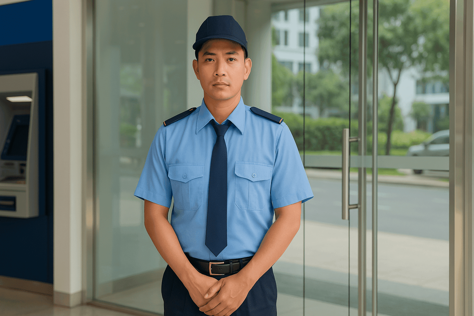 Nhân viên bảo vệ trực sảnh ngân hàng trong quy trình bảo vệ ngân hàng
