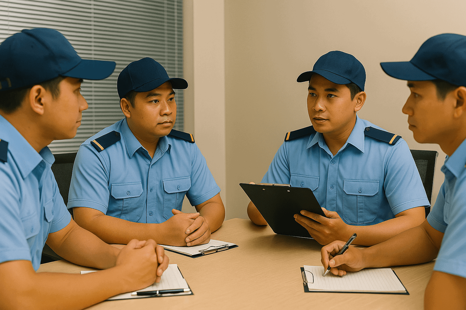 Nhóm bảo vệ họp lập phương án trong quy trình bảo vệ ngân hàng