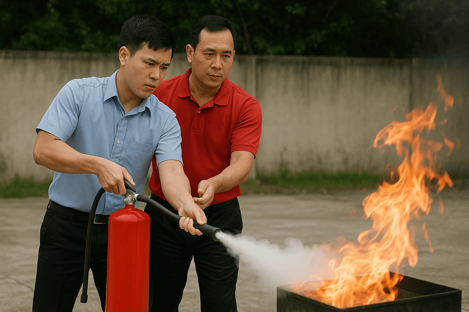 Học viên tập huấn phòng cháy chữa cháy với bình CO2
