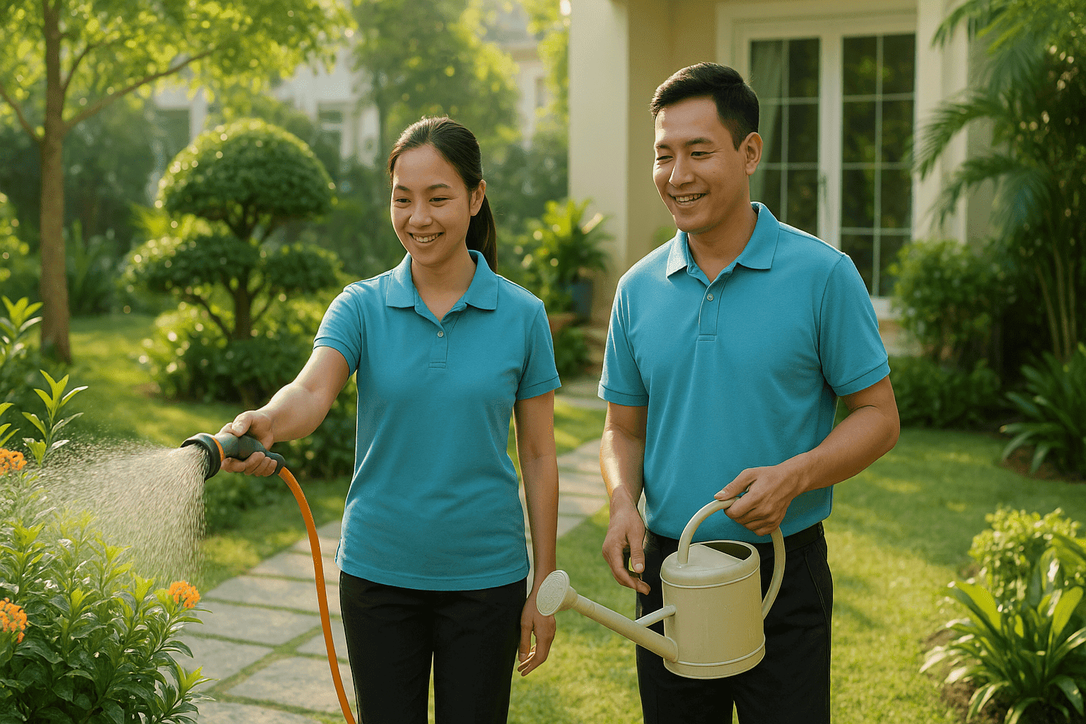 Tìm việc giữ vườn cho hai vợ chồng tưới cây buổi sáng