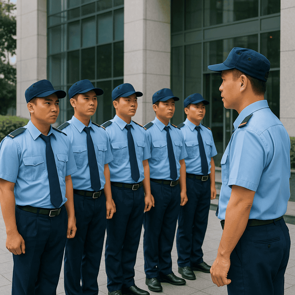 Hàng ngũ bảo vệ Việt Nam đứng ngay ngắn trước tòa nhà, quản lý công ty bảo vệ TPHCM kiểm tra đội hình làm việc