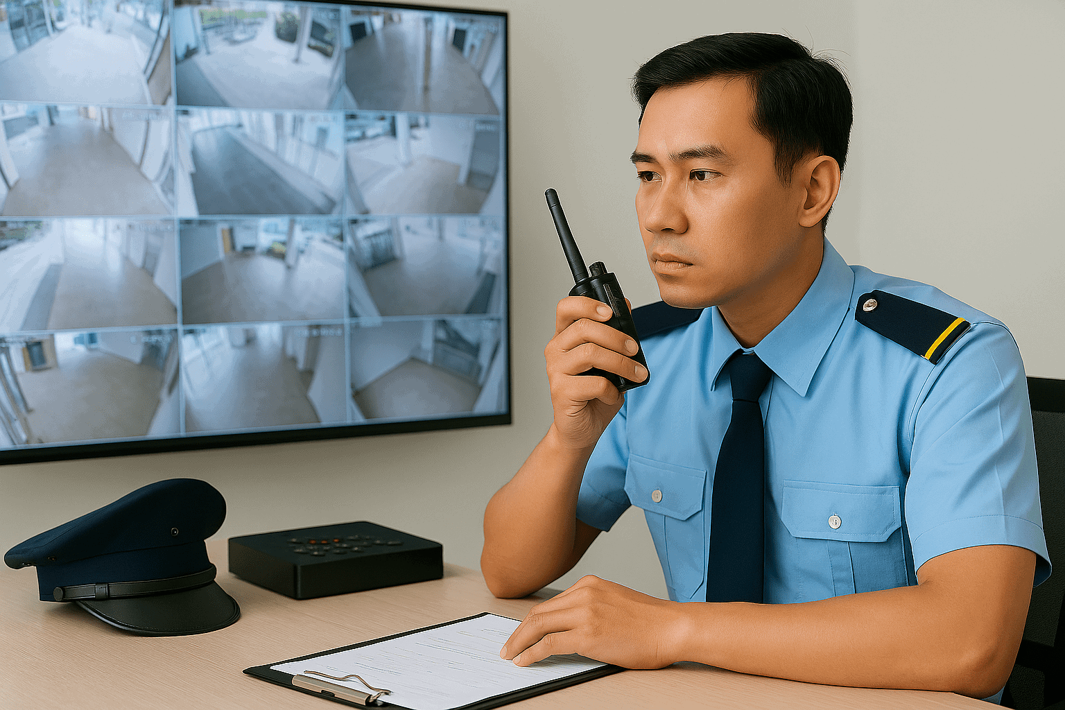 Nhân viên bảo vệ Việt Nam theo dõi màn hình camera giám sát, tay cầm bộ đàm, minh họa công nghệ hiện đại của công ty bảo vệ TPHCM