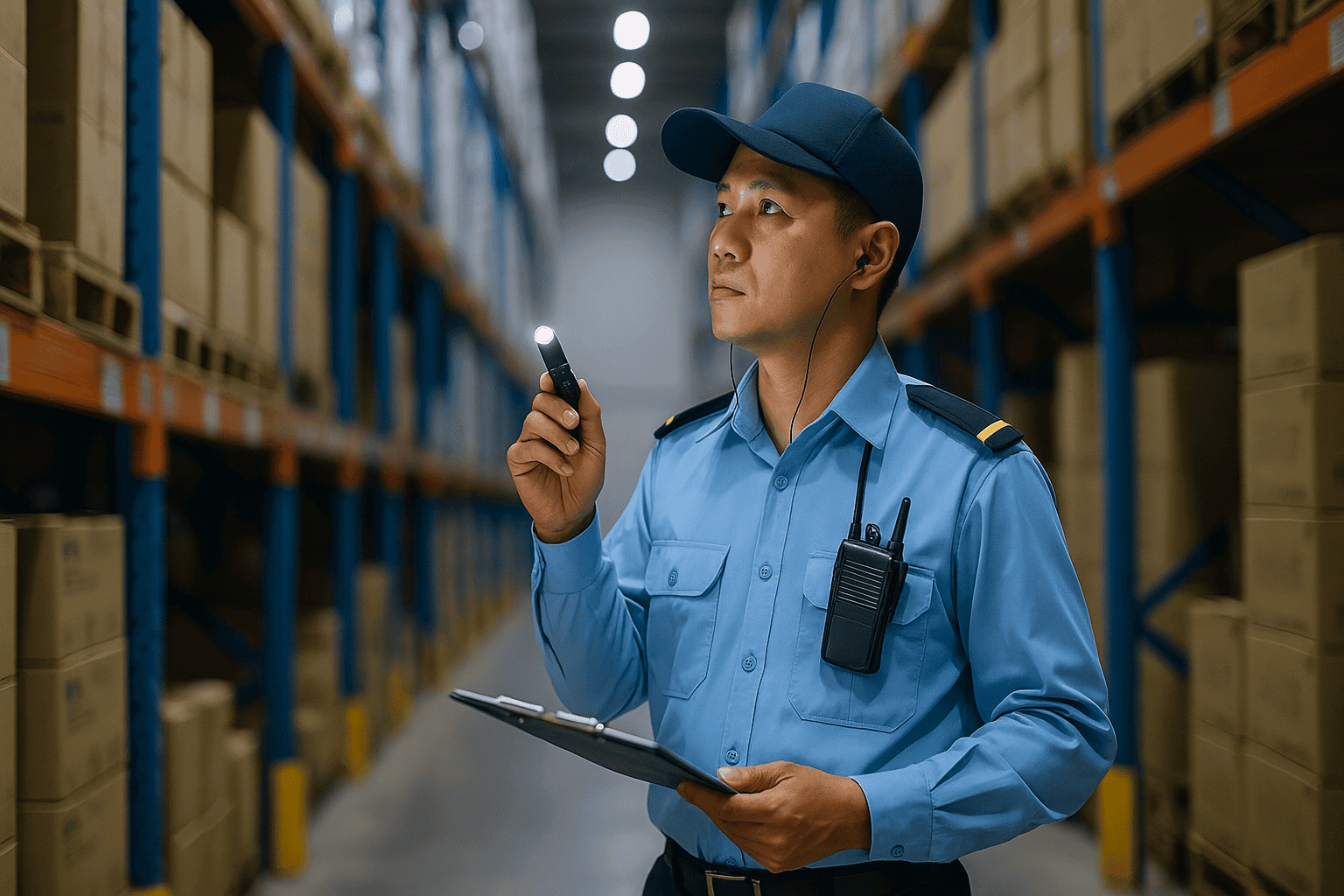 Bảo vệ kho hàng tuần tra lối đi giữa các kệ hàng