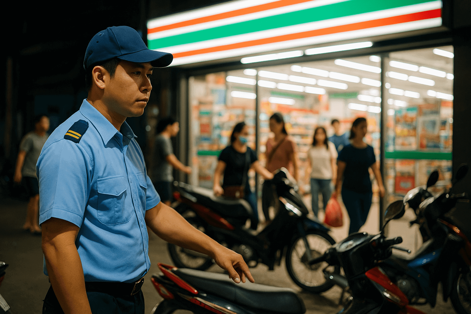 Việc làm bảo vệ Cần Giờ tại cửa hàng tiện lợi hỗ trợ khách và trông xe