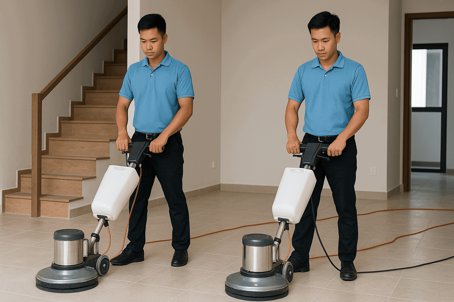 Vệ sinh công nghiệp Bắc Ninh hai nhân viên chà sàn nhà phố