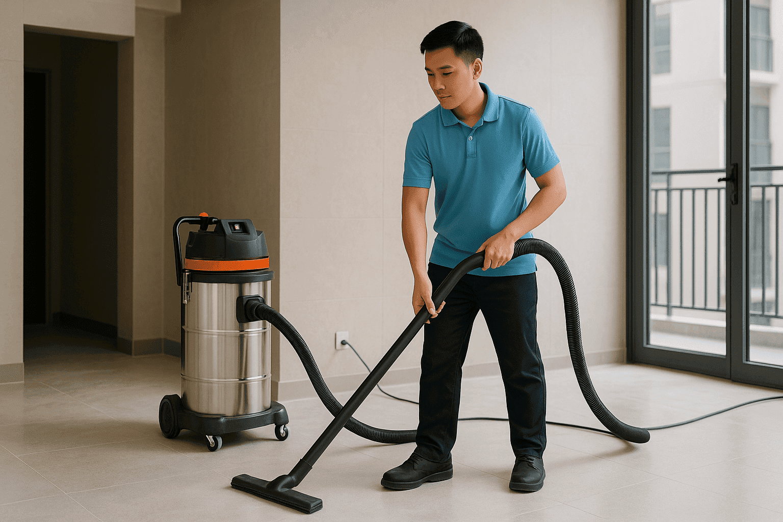 Nhân viên vệ sinh công nghiệp Cà Mau hút bụi sàn chung cư