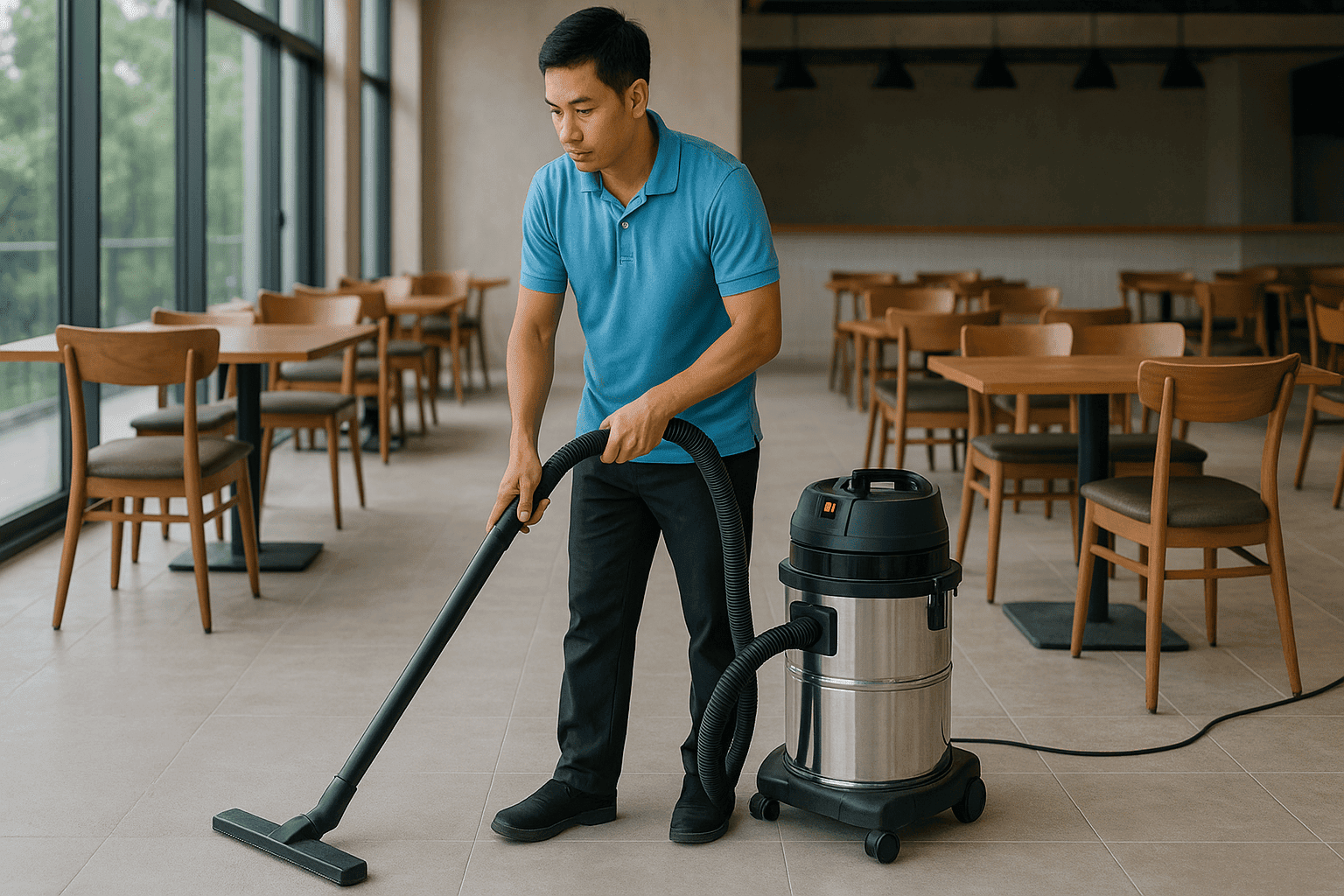 Nhân viên vệ sinh công nghiệp Cà Mau hút bụi sàn quán cà phê