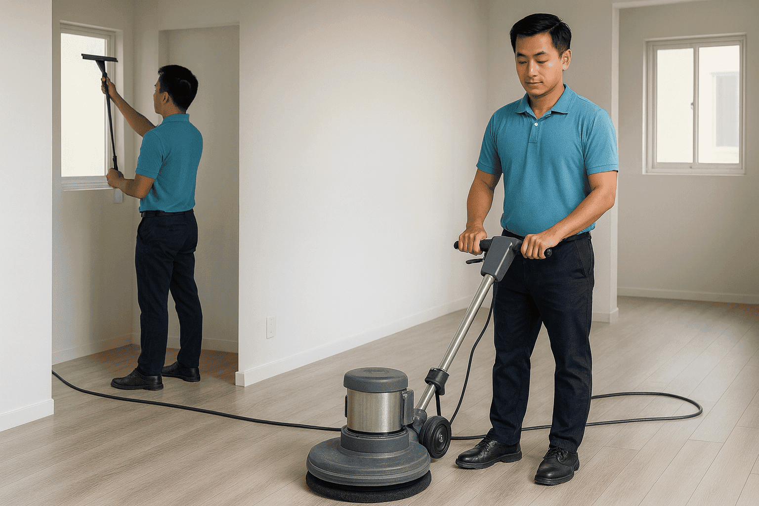 Vệ sinh công nghiệp Cà Mau chà sàn lau kính nhà mới xây