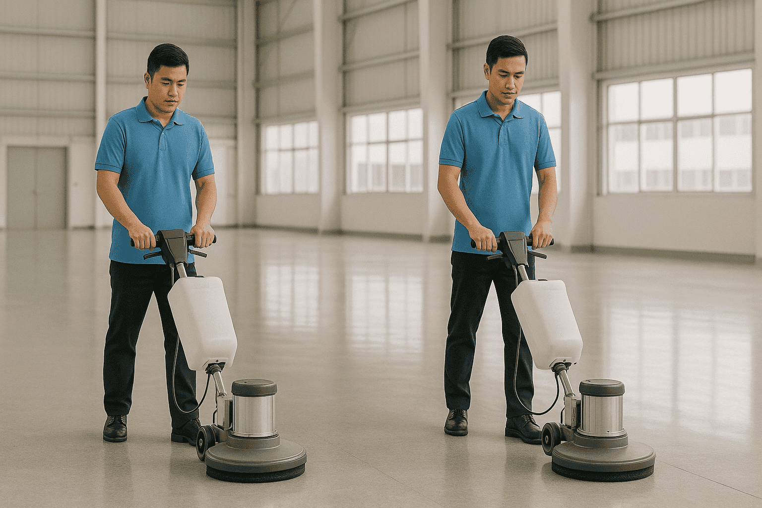 Vệ sinh công nghiệp Cần Thơ hai nhân viên vận hành máy chà sàn