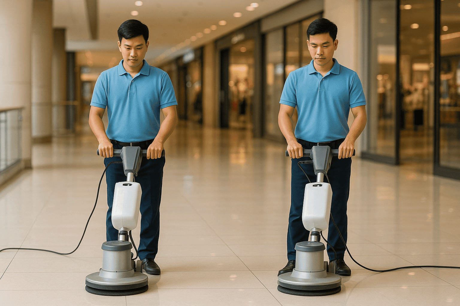 Vệ sinh công nghiệp Cần Thơ hai nhân viên chà sàn đơn
