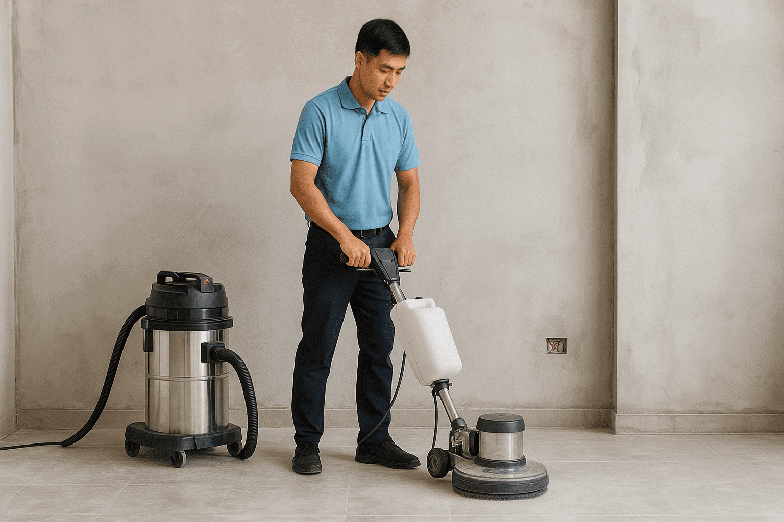 Vệ sinh công nghiệp Hà Nam nhân viên hút bụi sàn sau xây dựng