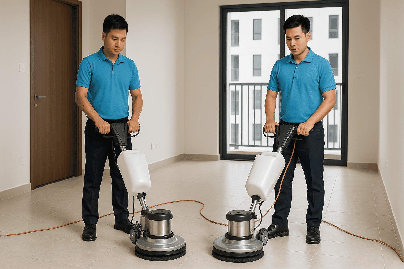 Vệ sinh công nghiệp Hà Nam hai nhân viên chà sàn chung cư