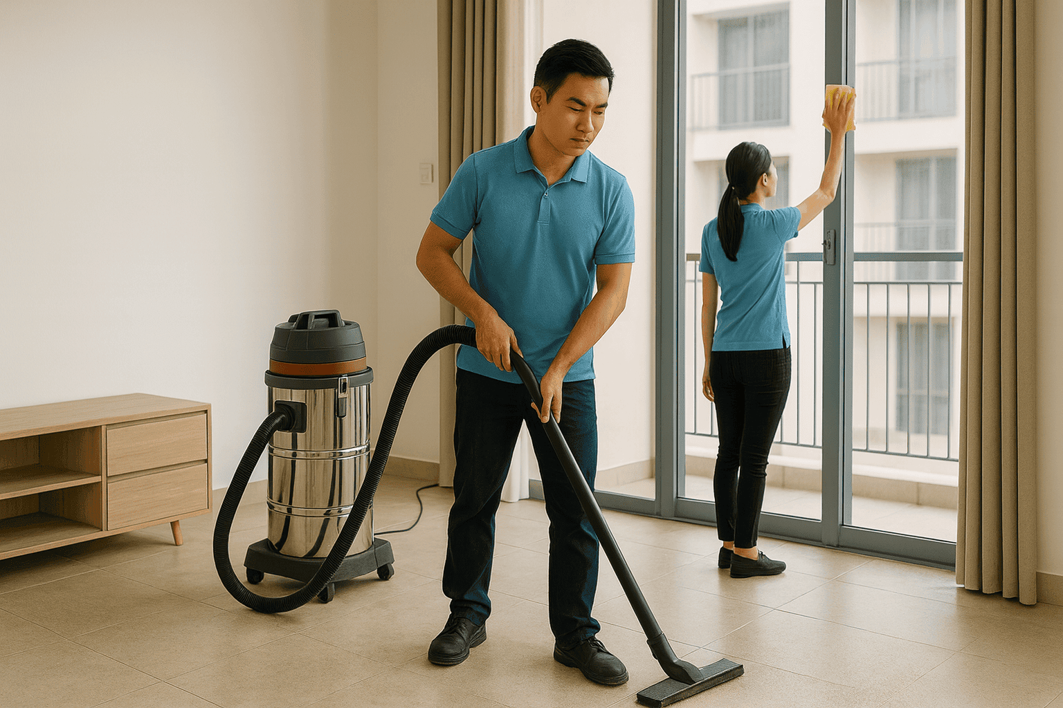 Vệ sinh công nghiệp Hà Nội hút bụi sàn căn hộ mới