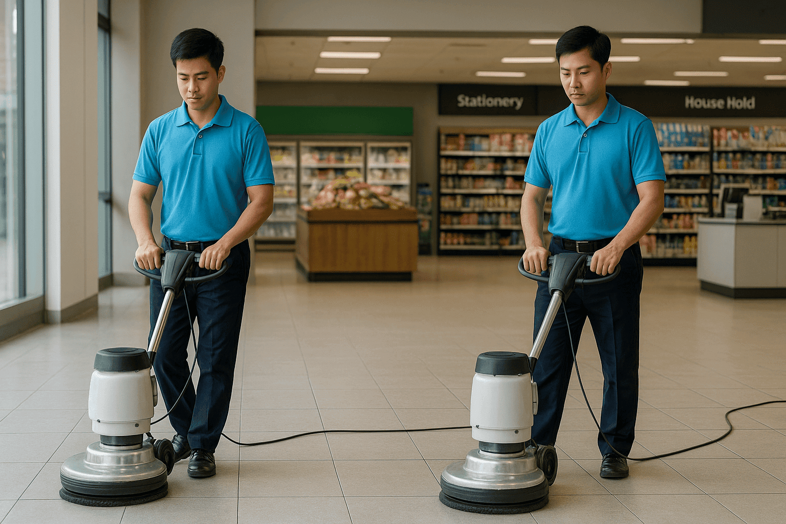 Vệ sinh công nghiệp Hà Nội chà sàn siêu thị bằng máy