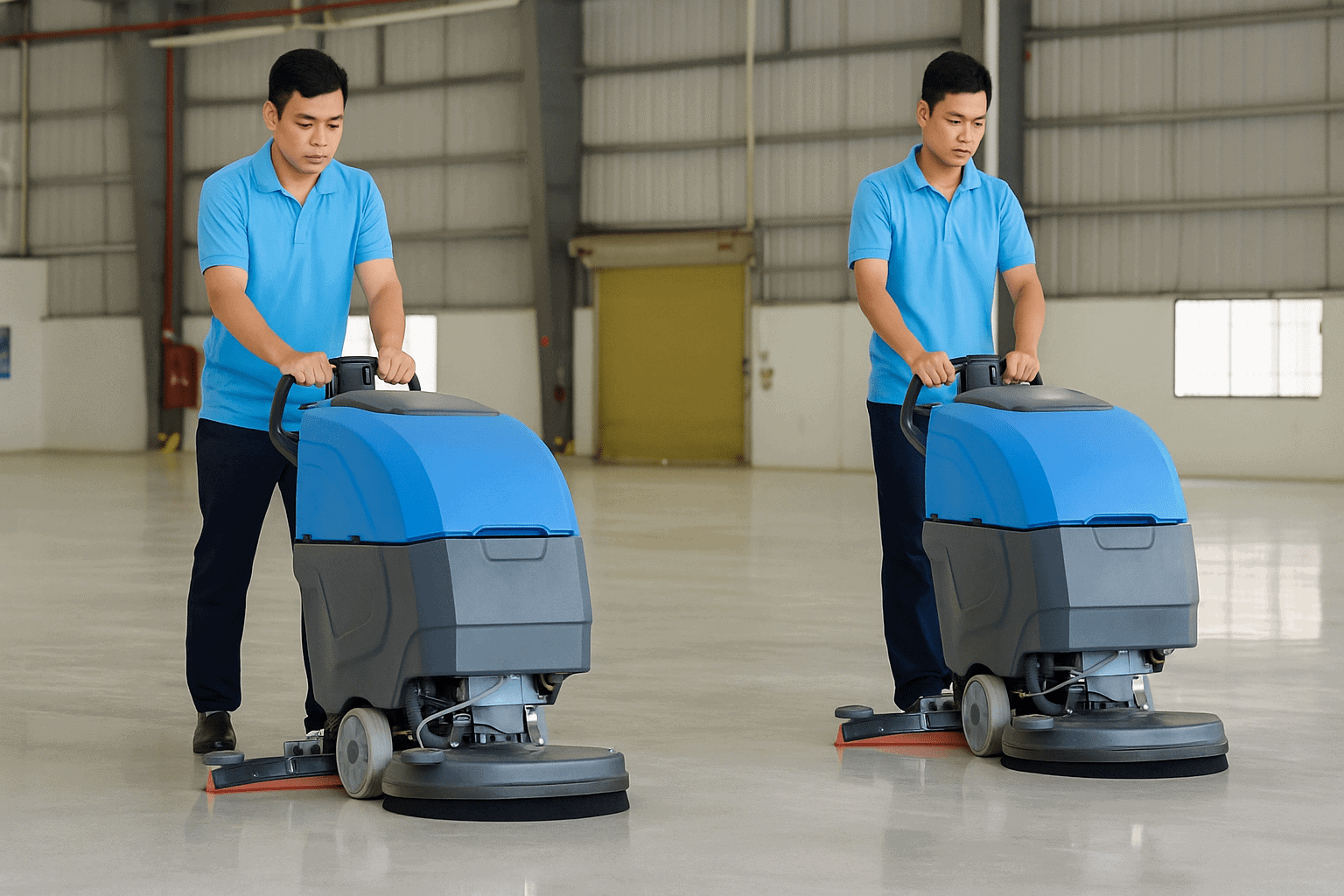 Vệ sinh công nghiệp làm sạch sàn nhà xưởng bằng máy chà sàn