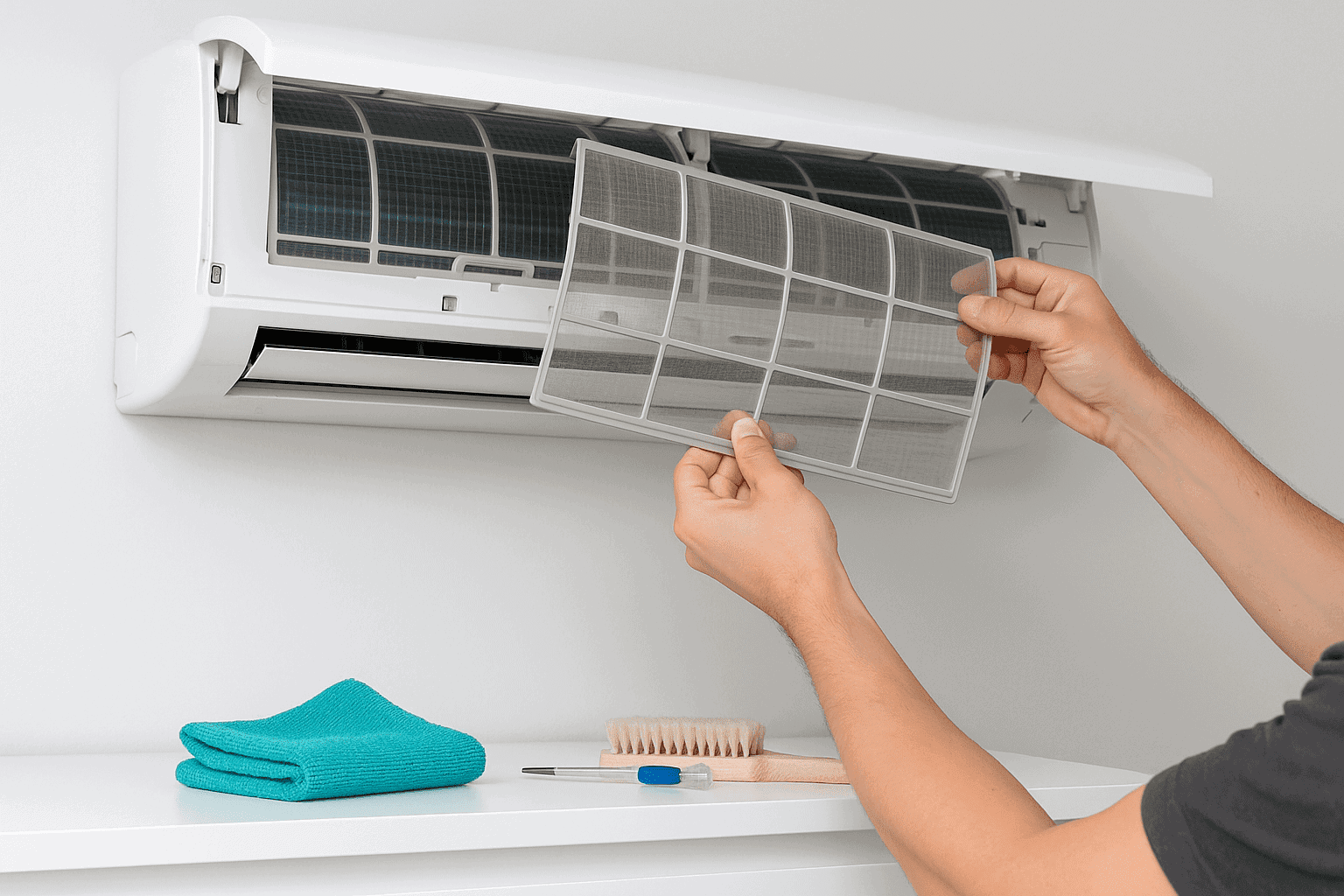 Người dùng vệ sinh lưới lọc điều hòa bảo vệ đồ điện