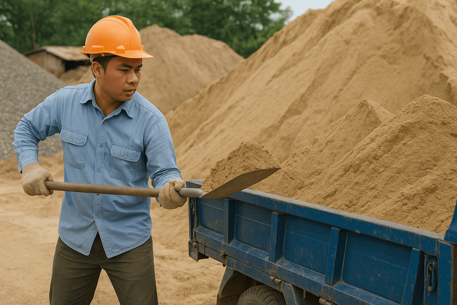 Nhân viên bãi vật liệu xúc cát đổ lên xe